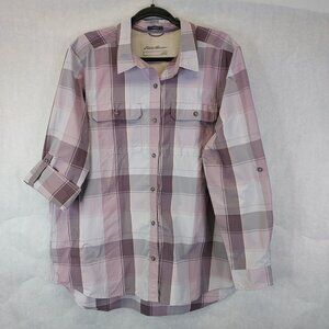 Eddie Bauer Mountain Button Up Shirt Women XL Plaid Roll Tab Sleeve Vented Camp